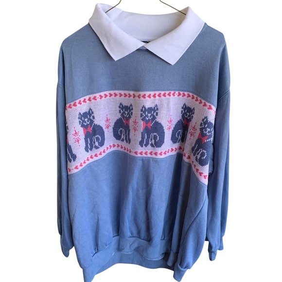 Vintage Tops - Vintage Kitty Cat Collared Sweatshirt Women’s Size 26W 90s Sweater XXL